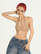 Nico Molly Solid Backless Halter U Neck Lace Up Cropped Padded Women's Tube Tops / Bandeaus