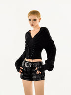 Nico Molly Solid V-neck Lace Up Cinched Waist Women's Long Sleeve T-shirts