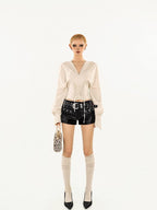 Nico Molly Solid V-neck Lace Up Cinched Waist Women's Long Sleeve T-shirts