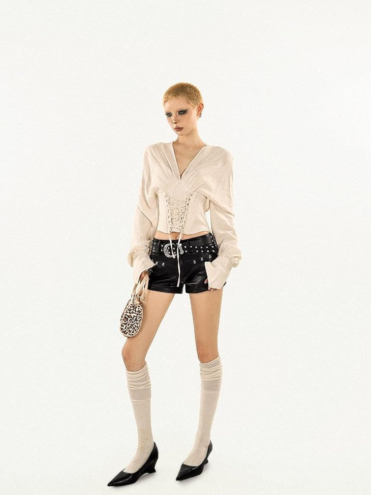Nico Molly Solid V-neck Lace Up Cinched Waist Women's Long Sleeve T-shirts