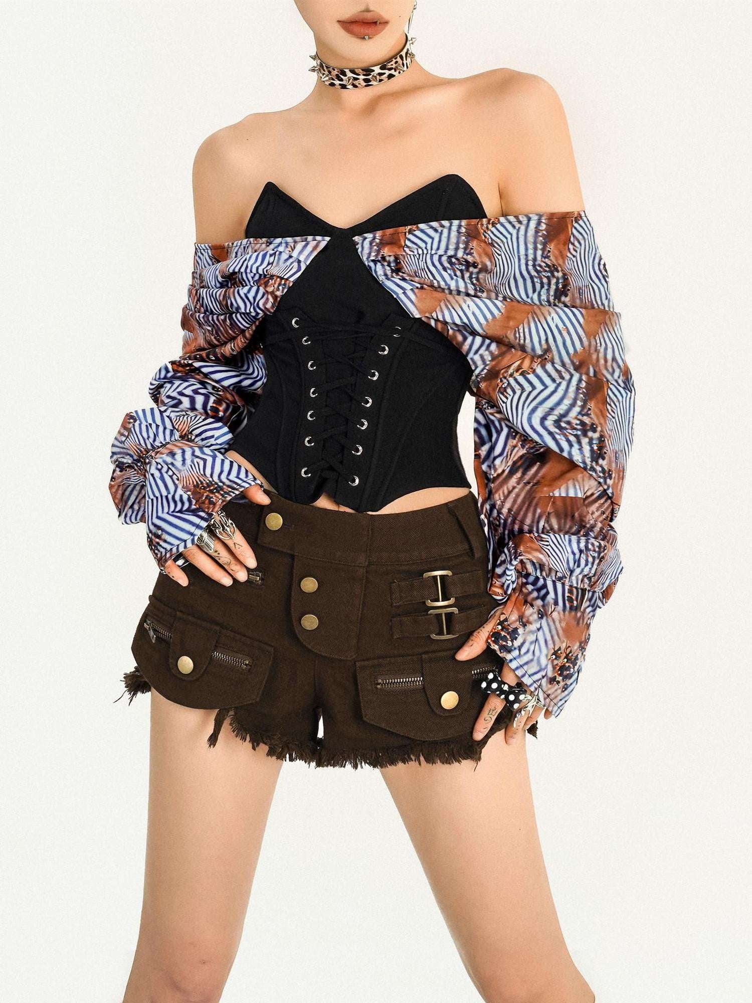 Nico Molly Striped Backless Corset Waist Zipper Slim Fit Women's Long Sleeve T-shirts