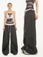 Nico Molly Striped Lace Trim Faux Two Piece Women's Polyester High Waist Wide-leg Pants