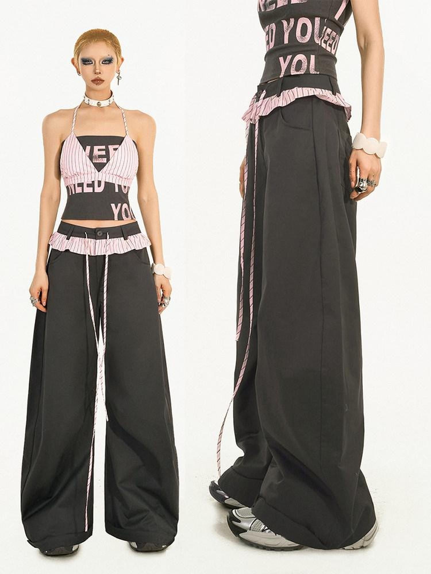 Nico Molly Striped Lace Trim Faux Two Piece Women's Polyester High Waist Wide-leg Pants
