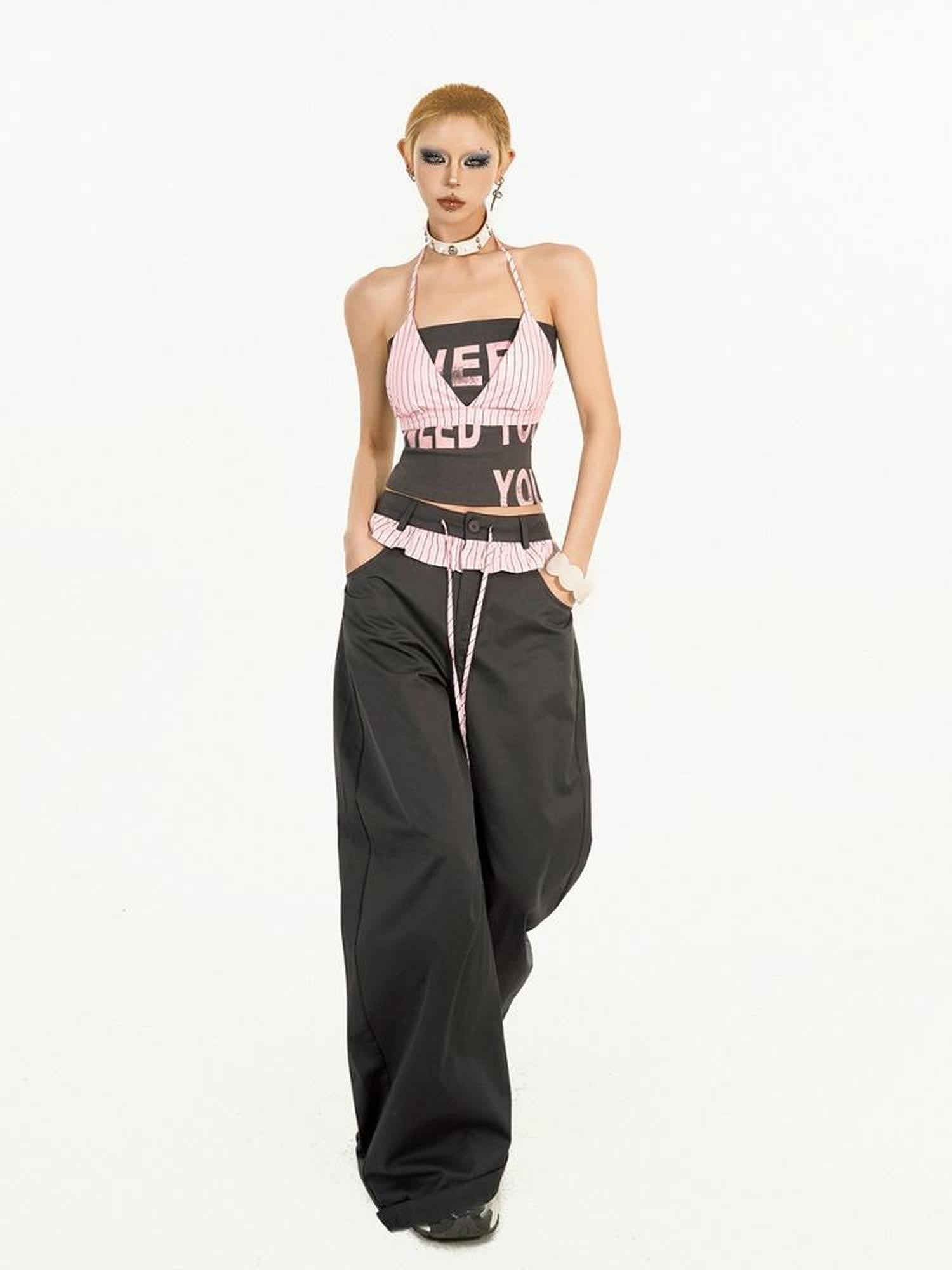 Nico Molly Striped Lace Trim Faux Two Piece Women's Polyester High Waist Wide-leg Pants