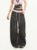 Nico Molly Striped Lace Trim Faux Two Piece Women's Polyester High Waist Wide-leg Pants