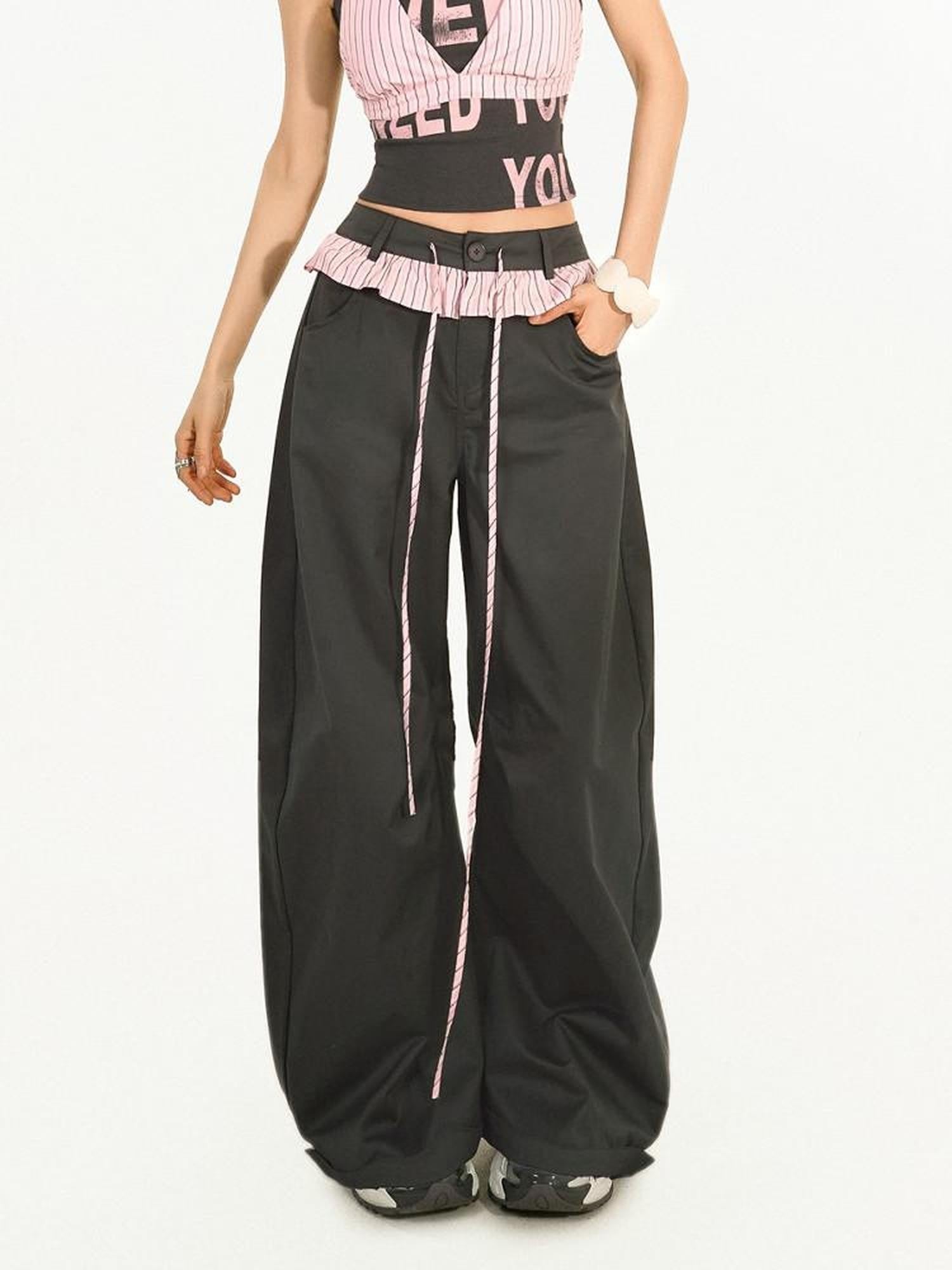 Nico Molly Striped Lace Trim Faux Two Piece Women's Polyester High Waist Wide-leg Pants