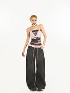 Nico Molly Striped Lace Trim Faux Two Piece Women's Polyester High Waist Wide-leg Pants