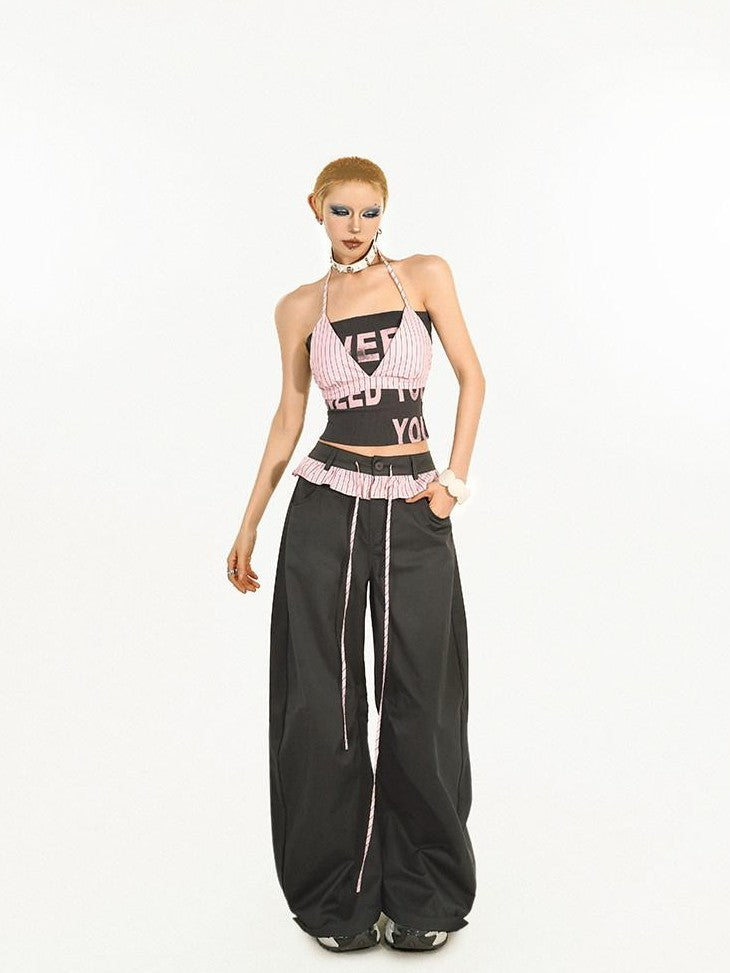 Nico Molly Striped Lace Trim Faux Two Piece Women's Polyester High Waist Wide-leg Pants