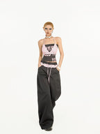 Nico Molly Striped Lace Trim Faux Two Piece Women's Polyester High Waist Wide-leg Pants