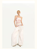 Nico Molly Striped Lace Trim Faux Two Piece Women's Polyester High Waist Wide-leg Pants