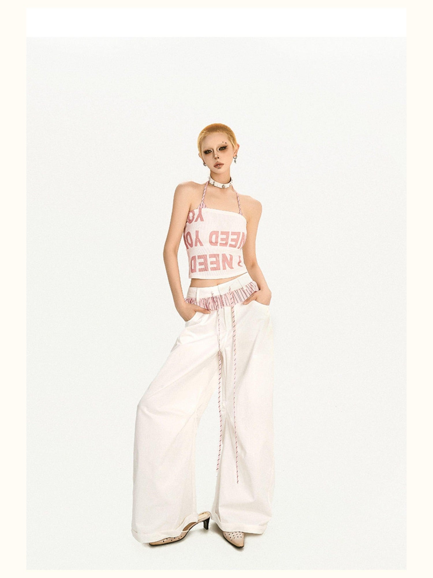 Nico Molly Striped Lace Trim Faux Two Piece Women's Polyester High Waist Wide-leg Pants