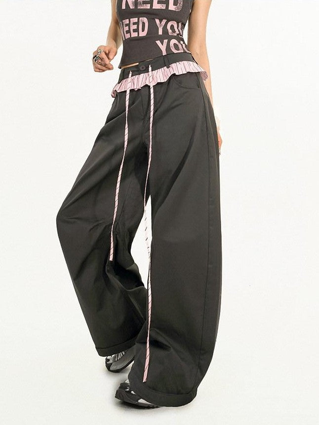 Nico Molly Striped Lace Trim Faux Two Piece Women's Polyester High Waist Wide-leg Pants