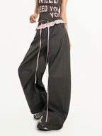 Nico Molly Striped Lace Trim Faux Two Piece Women's Polyester High Waist Wide-leg Pants