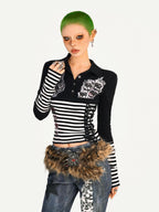 Nico Molly Striped Skull Patchwork Print Turn Down Collar Women's Long Sleeve T-shirts