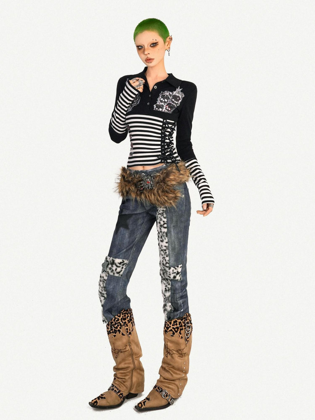 Nico Molly Striped Skull Patchwork Print Turn Down Collar Women's Long Sleeve T-shirts