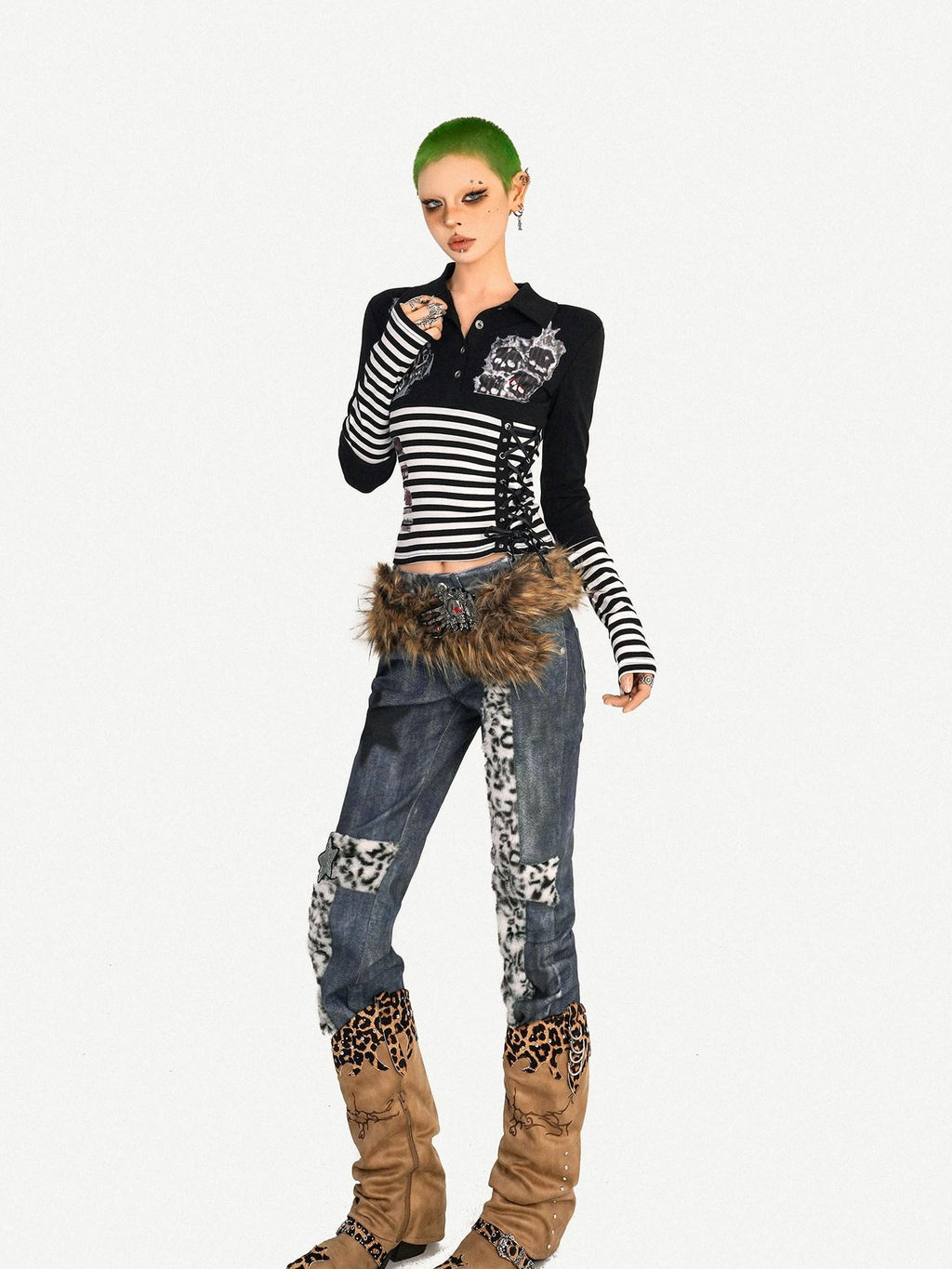 Nico Molly Striped Skull Patchwork Print Turn Down Collar Women's Long Sleeve T-shirts