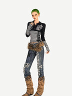 Nico Molly Striped Skull Patchwork Print Turn Down Collar Women's Long Sleeve T-shirts