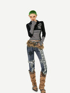 Nico Molly Striped Skull Patchwork Print Turn Down Collar Women's Long Sleeve T-shirts