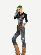 Nico Molly Striped Skull Patchwork Print Turn Down Collar Women's Long Sleeve T-shirts