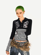 Nico Molly Striped Skull Patchwork Print Turn Down Collar Women's Long Sleeve T-shirts