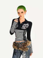 Nico Molly Striped Skull Patchwork Print Turn Down Collar Women's Long Sleeve T-shirts