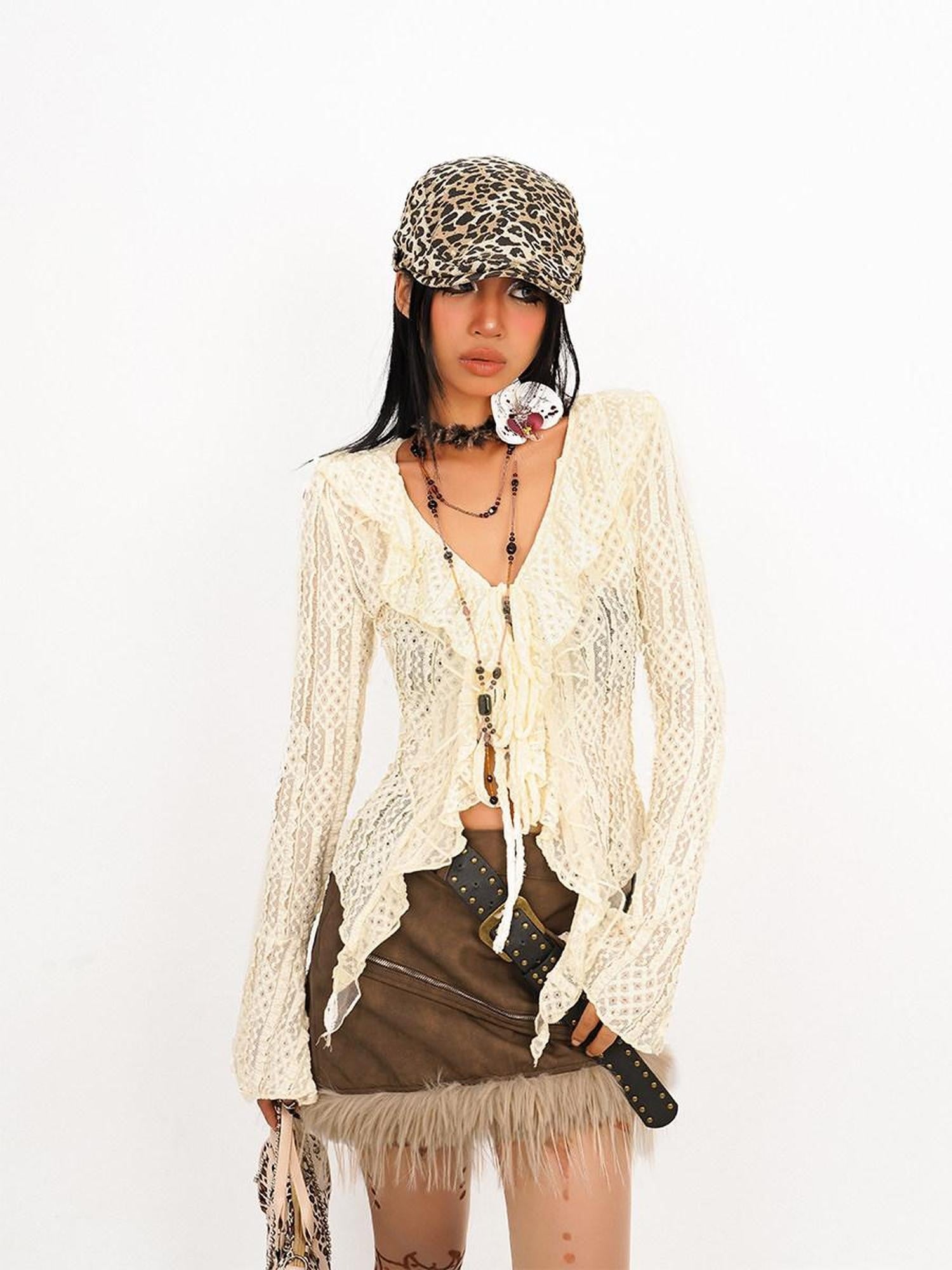 Nico Molly Textured Lace Tie Ruffle Cutout V-neck Bell Sleeve Women's Polyester Blouses