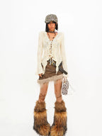 Nico Molly Textured Lace Tie Ruffle Cutout V-neck Bell Sleeve Women's Polyester Blouses