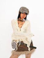 Nico Molly Textured Lace Tie Ruffle Cutout V-neck Bell Sleeve Women's Polyester Blouses