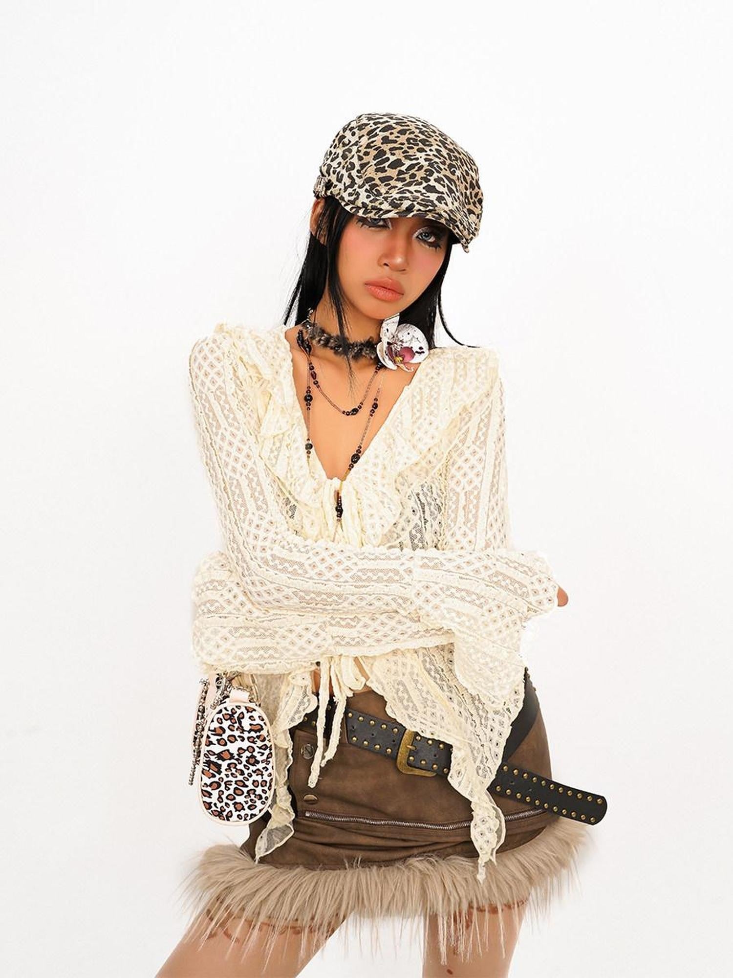 Nico Molly Textured Lace Tie Ruffle Cutout V-neck Bell Sleeve Women's Polyester Blouses