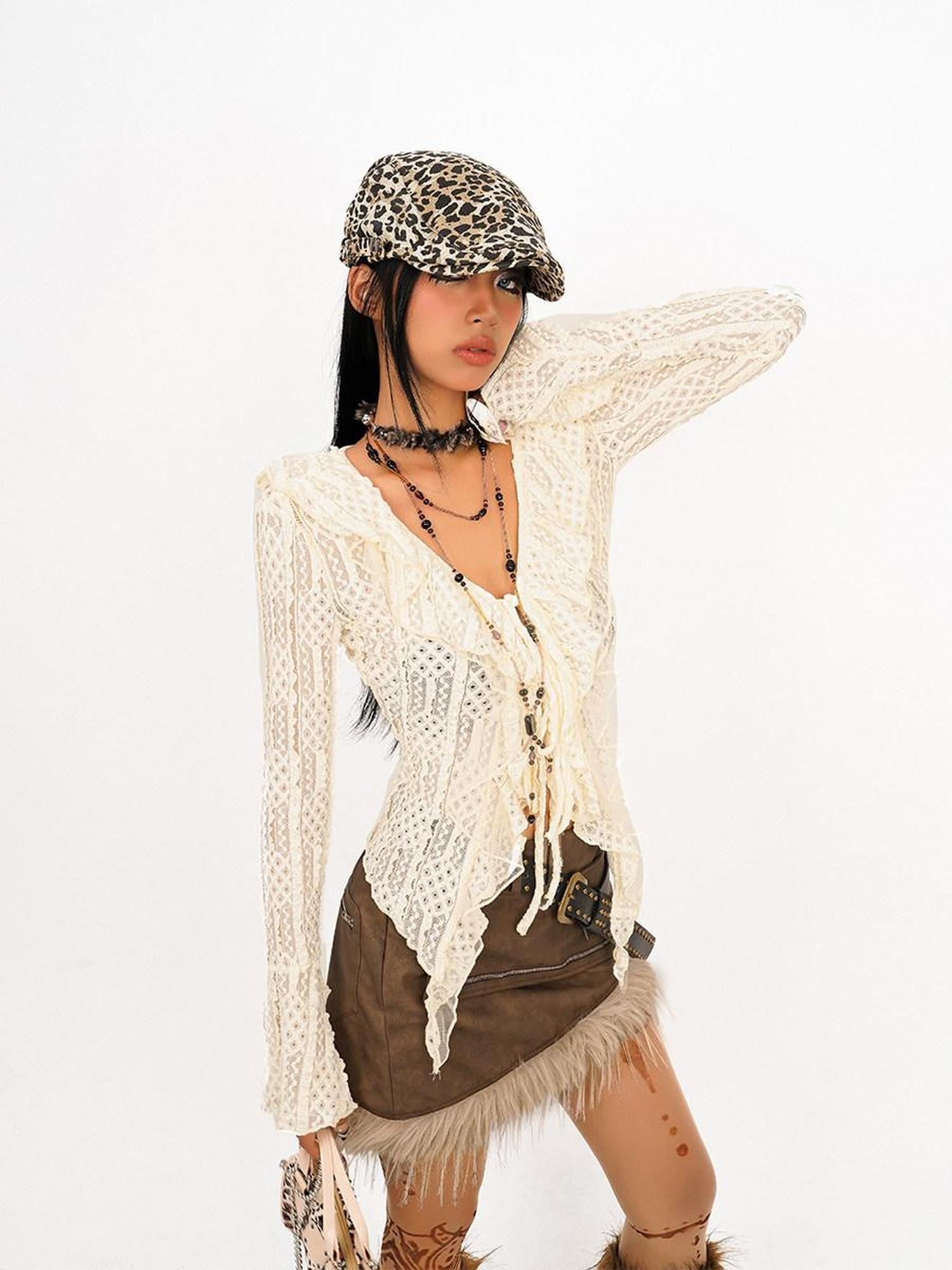 Nico Molly Textured Lace Tie Ruffle Cutout V-neck Bell Sleeve Women's Polyester Blouses