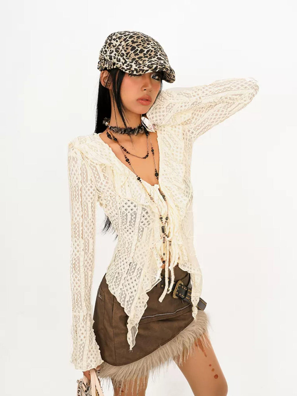 Nico Molly Textured Lace Tie Ruffle Cutout V-neck Bell Sleeve Women's Polyester Blouses
