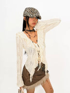 Nico Molly Textured Lace Tie Ruffle Cutout V-neck Bell Sleeve Women's Polyester Blouses