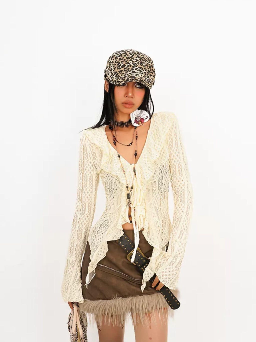 Nico Molly Textured Lace Tie Ruffle Cutout V-neck Bell Sleeve Women's Polyester Blouses