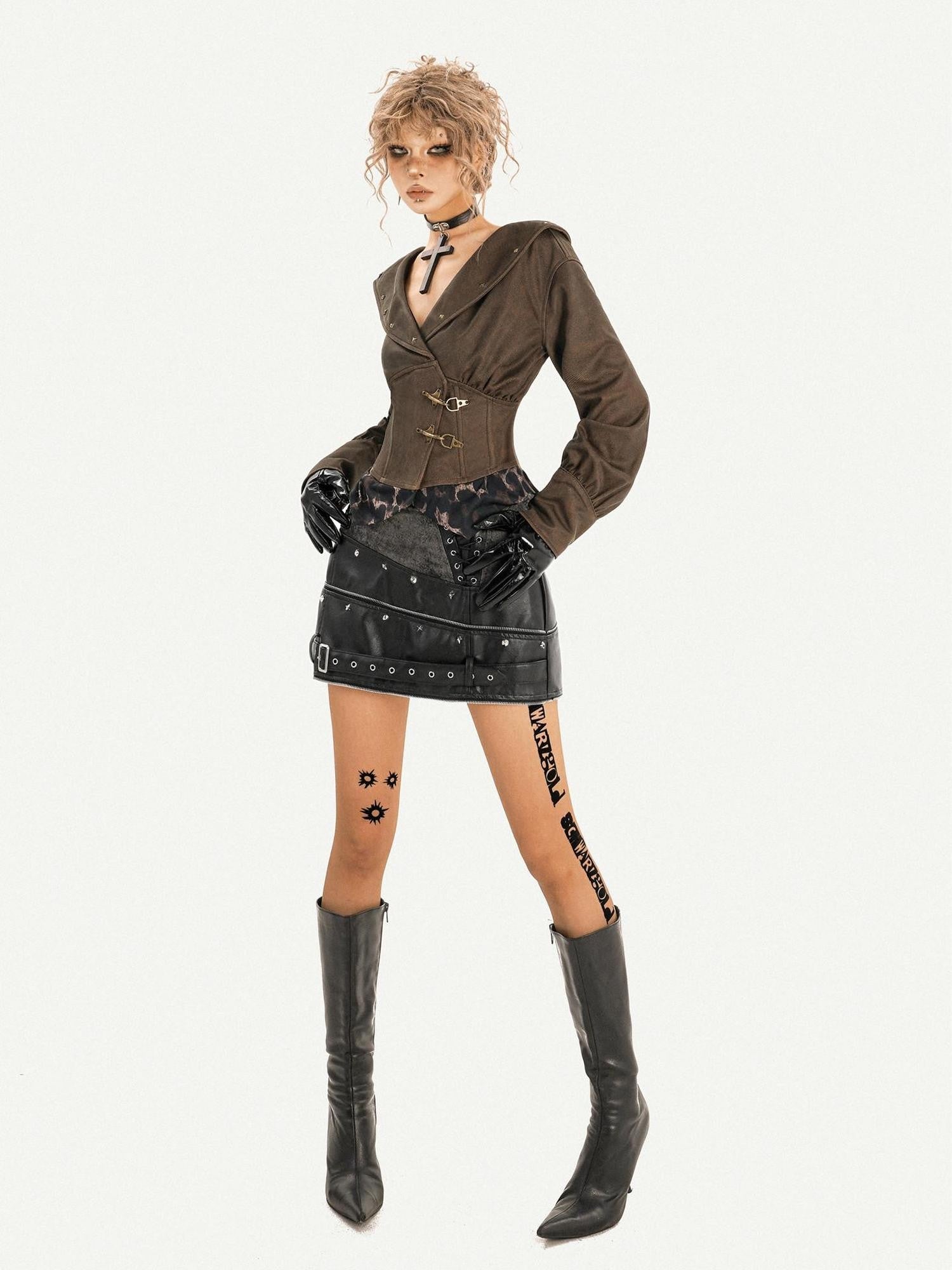 Nico Molly Textured Patchwork V-neck Boned Cinch Waist Batwing Women's Polyester Overshirts