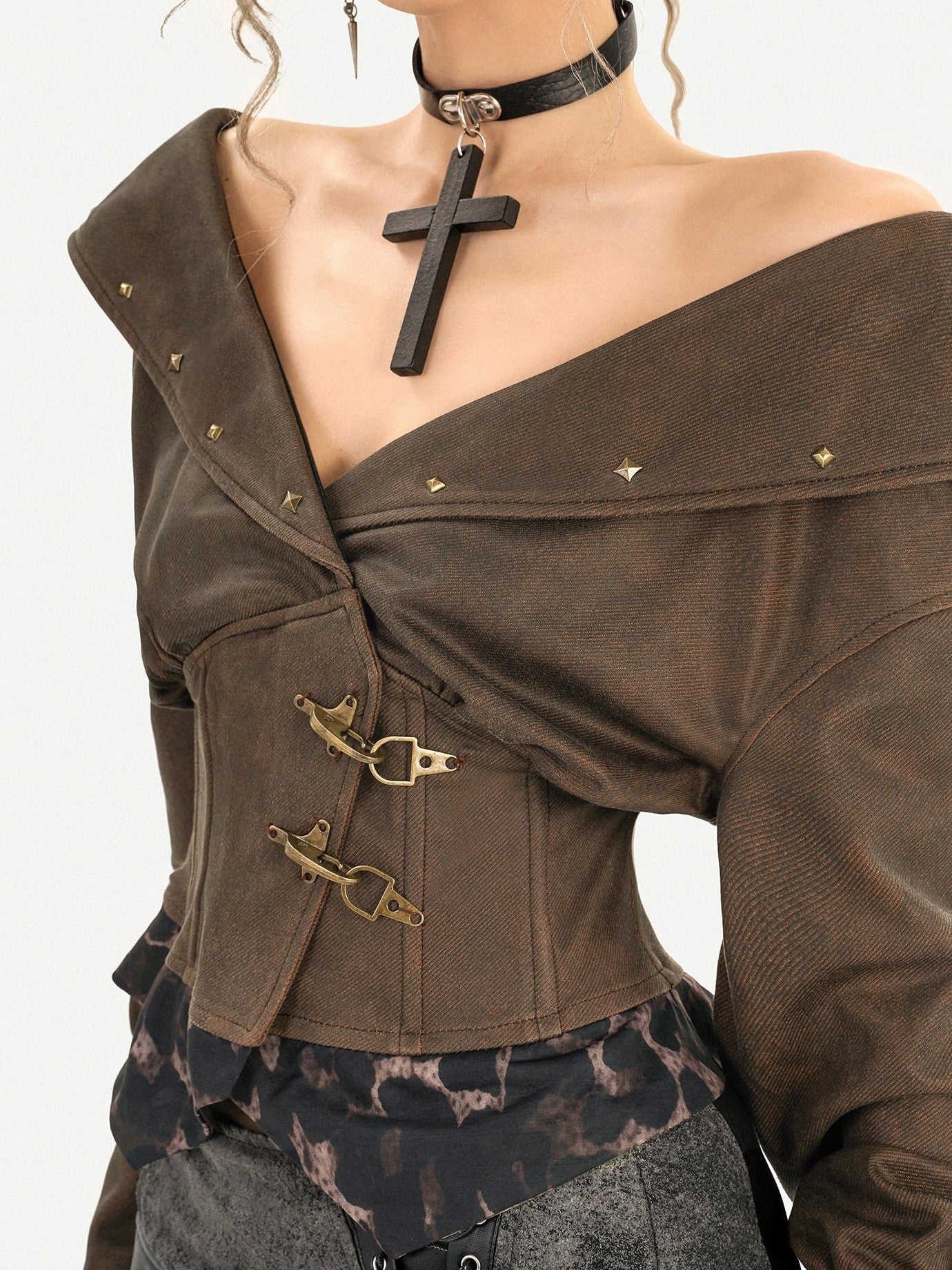 Nico Molly Textured Patchwork V-neck Boned Cinch Waist Batwing Women's Polyester Overshirts