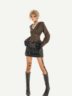 Nico Molly Textured Patchwork V-neck Boned Cinch Waist Batwing Women's Polyester Overshirts