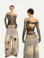 Nico Molly Tie Dye Punk Off Shoulder Slim Fit Women's Long Sleeve T-shirts
