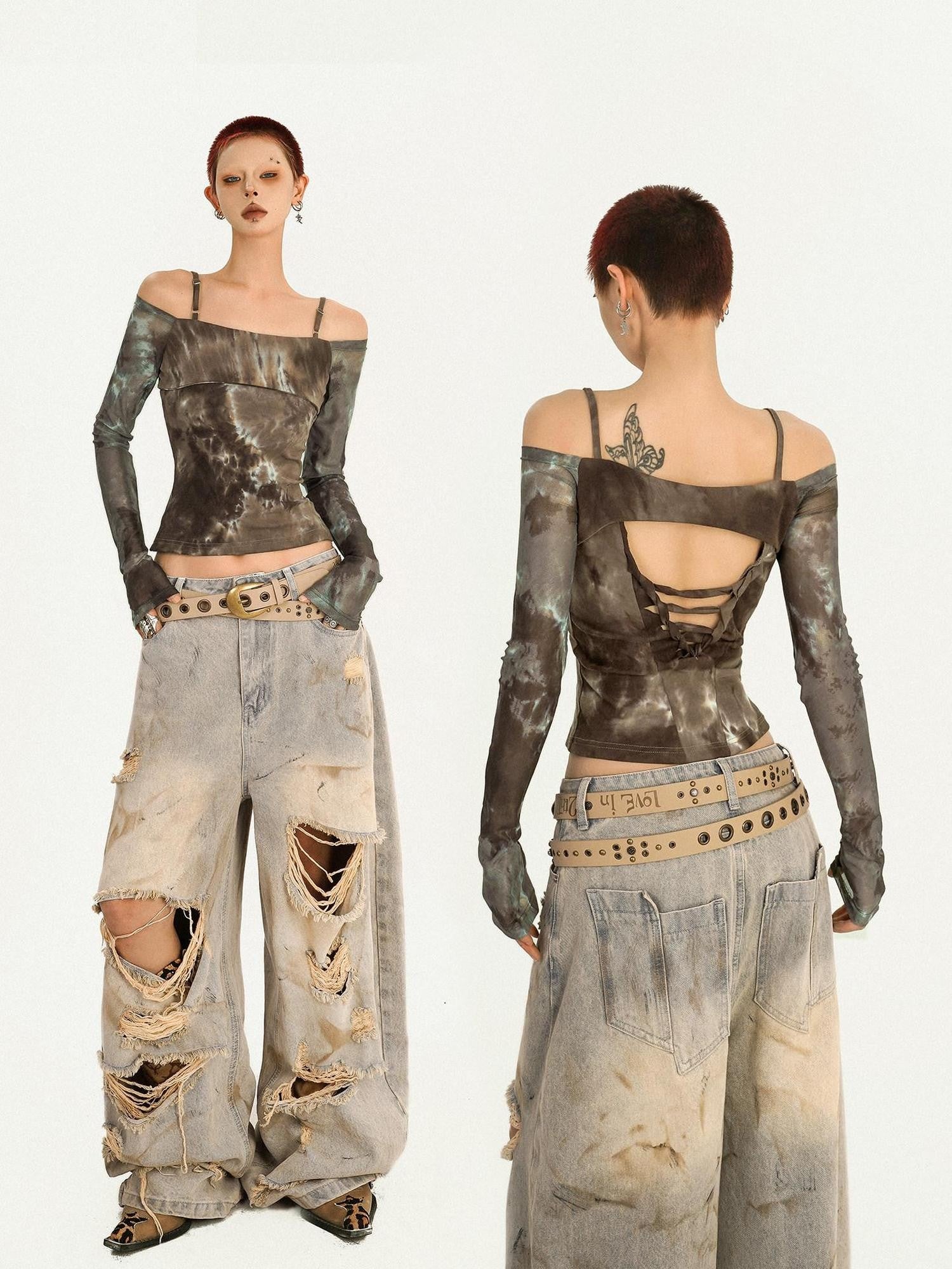 Nico Molly Tie Dye Punk Off Shoulder Slim Fit Women's Long Sleeve T-shirts
