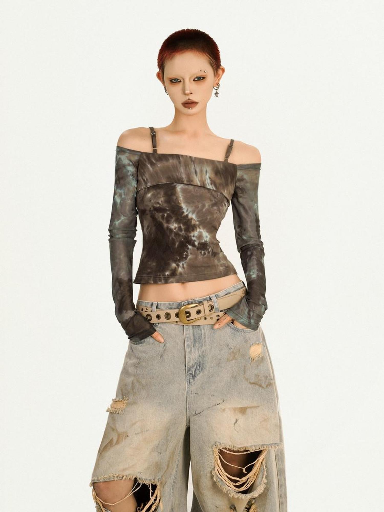 Nico Molly Tie Dye Punk Off Shoulder Slim Fit Women's Long Sleeve T-shirts