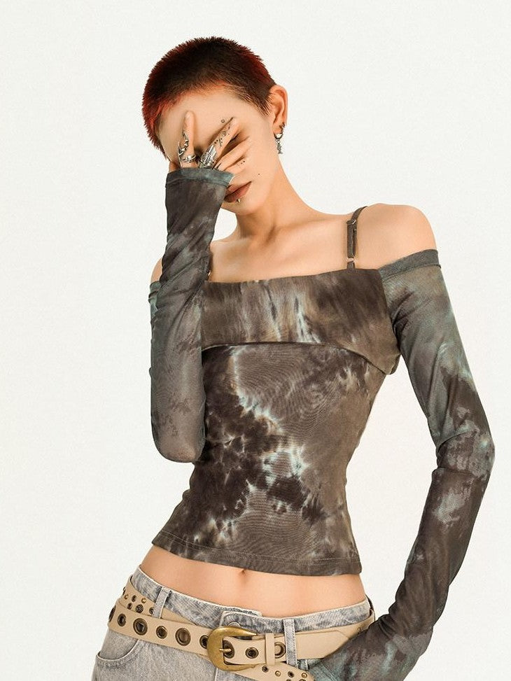 Nico Molly Tie Dye Punk Off Shoulder Slim Fit Women's Long Sleeve T-shirts