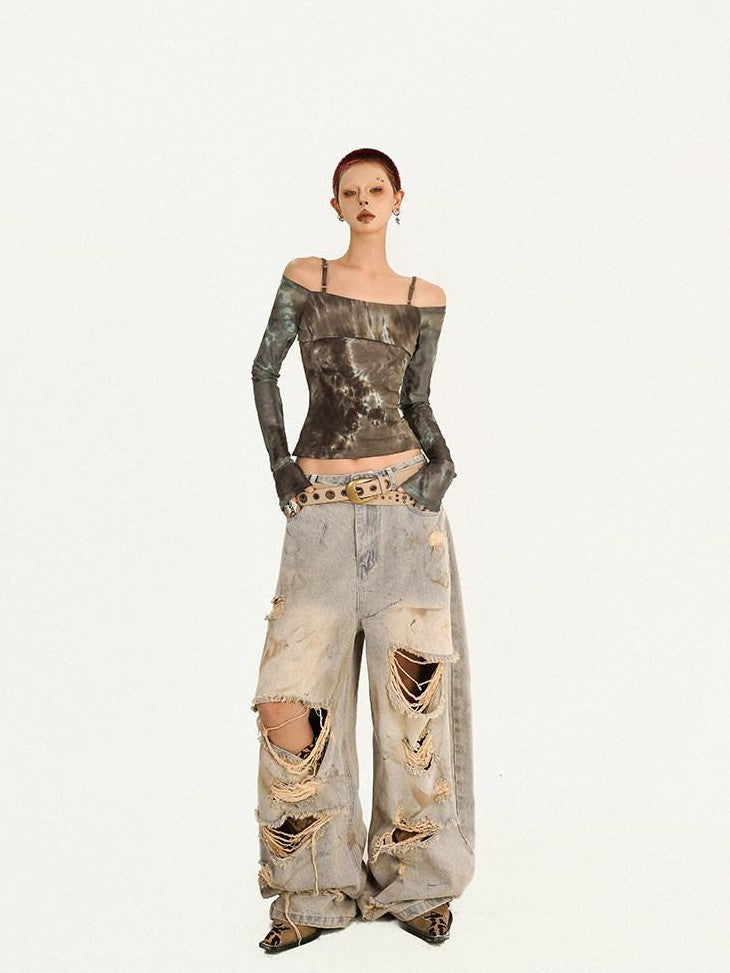 Nico Molly Tie Dye Punk Off Shoulder Slim Fit Women's Long Sleeve T-shirts