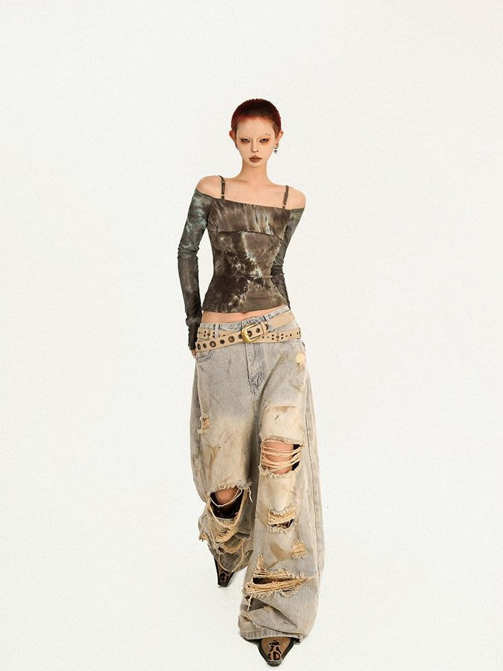 Nico Molly Tie Dye Punk Off Shoulder Slim Fit Women's Long Sleeve T-shirts