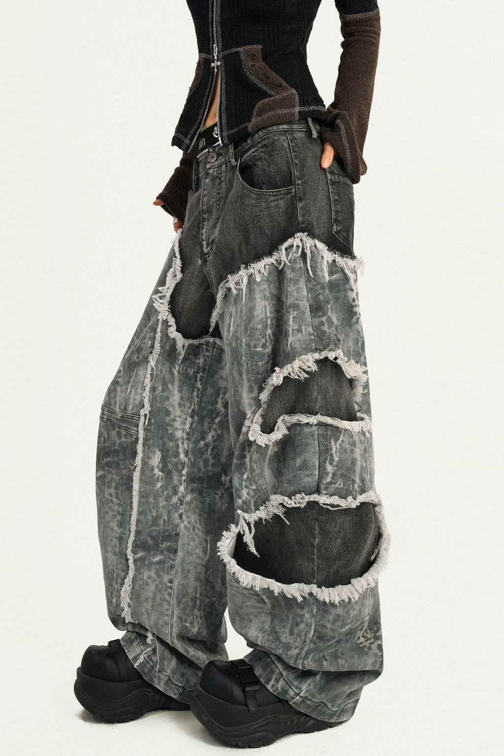 Nico_Molly_Vintage_Black_Patchwork_Layered_Frayed_Hem_Women's_Denim_Wide-leg_Jeans_978473484786_MISSTT