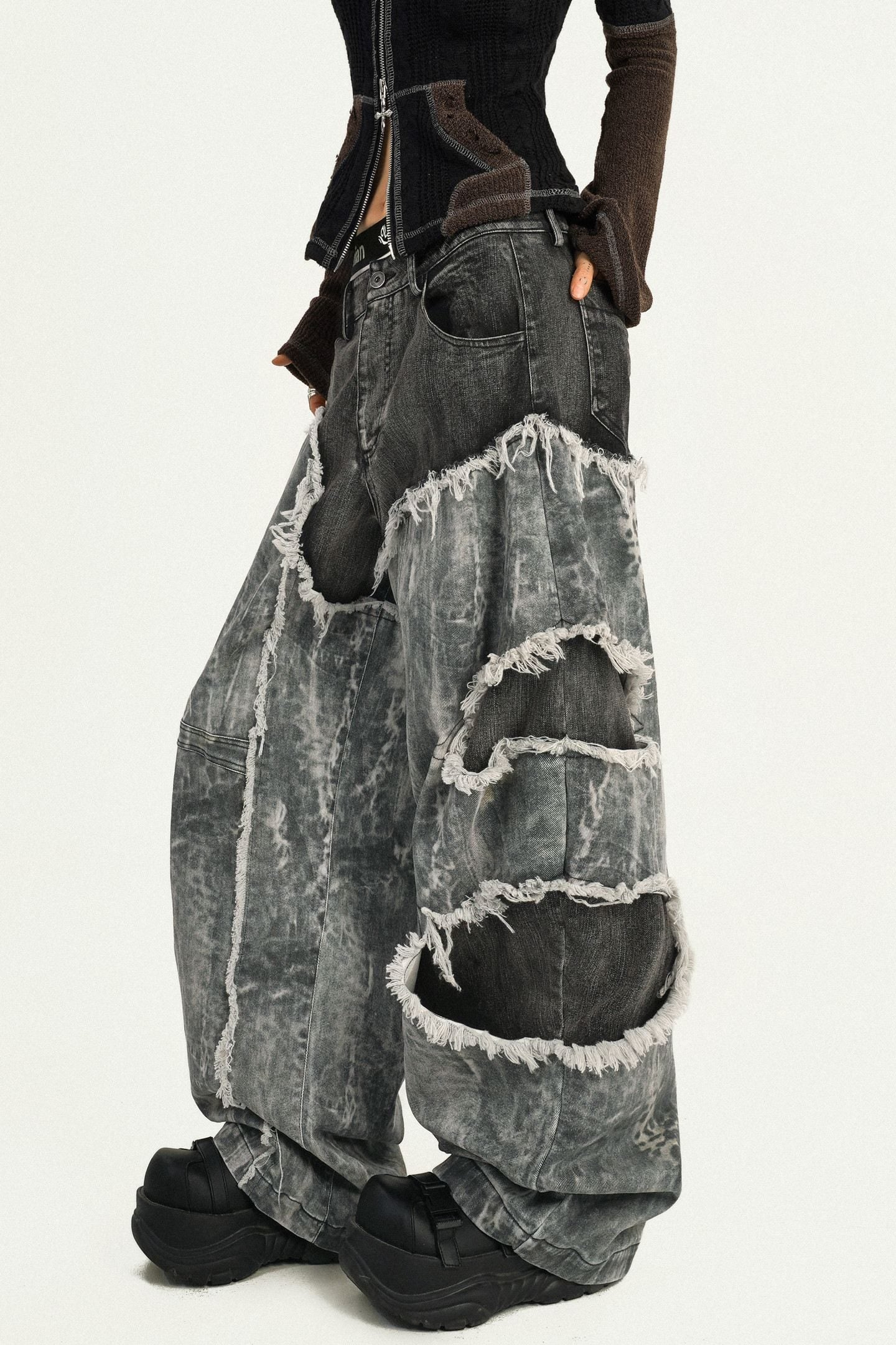 Nico_Molly_Vintage_Black_Patchwork_Layered_Frayed_Hem_Women's_Denim_Wide-leg_Jeans_978473484786_MISSTT