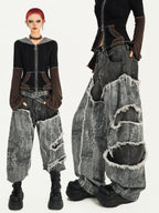 Nico Molly Vintage Black Patchwork Layered Frayed Hem Women's Denim Wide-leg Jeans
