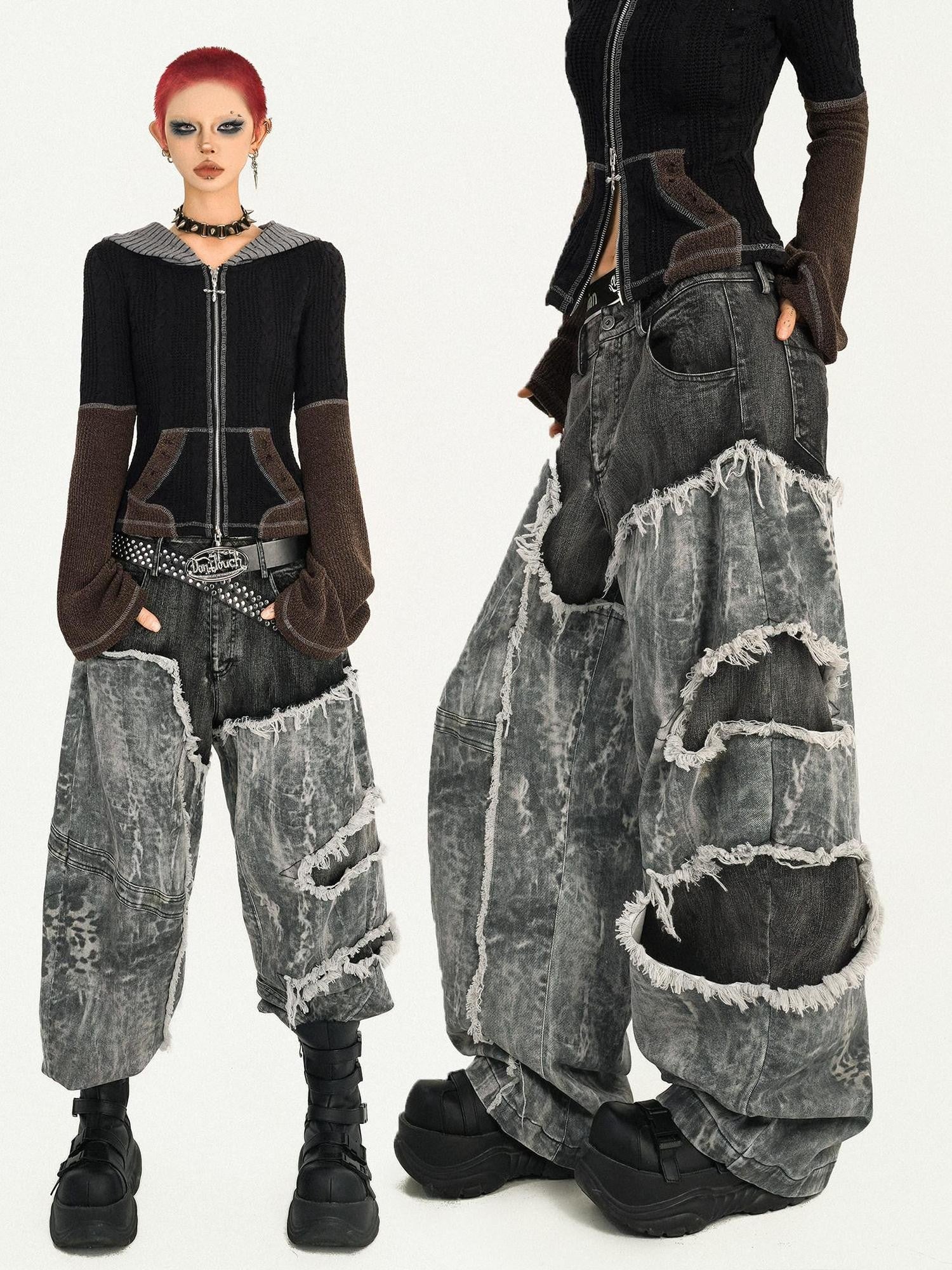 Nico Molly Vintage Black Patchwork Layered Frayed Hem Women's Denim Wide-leg Jeans