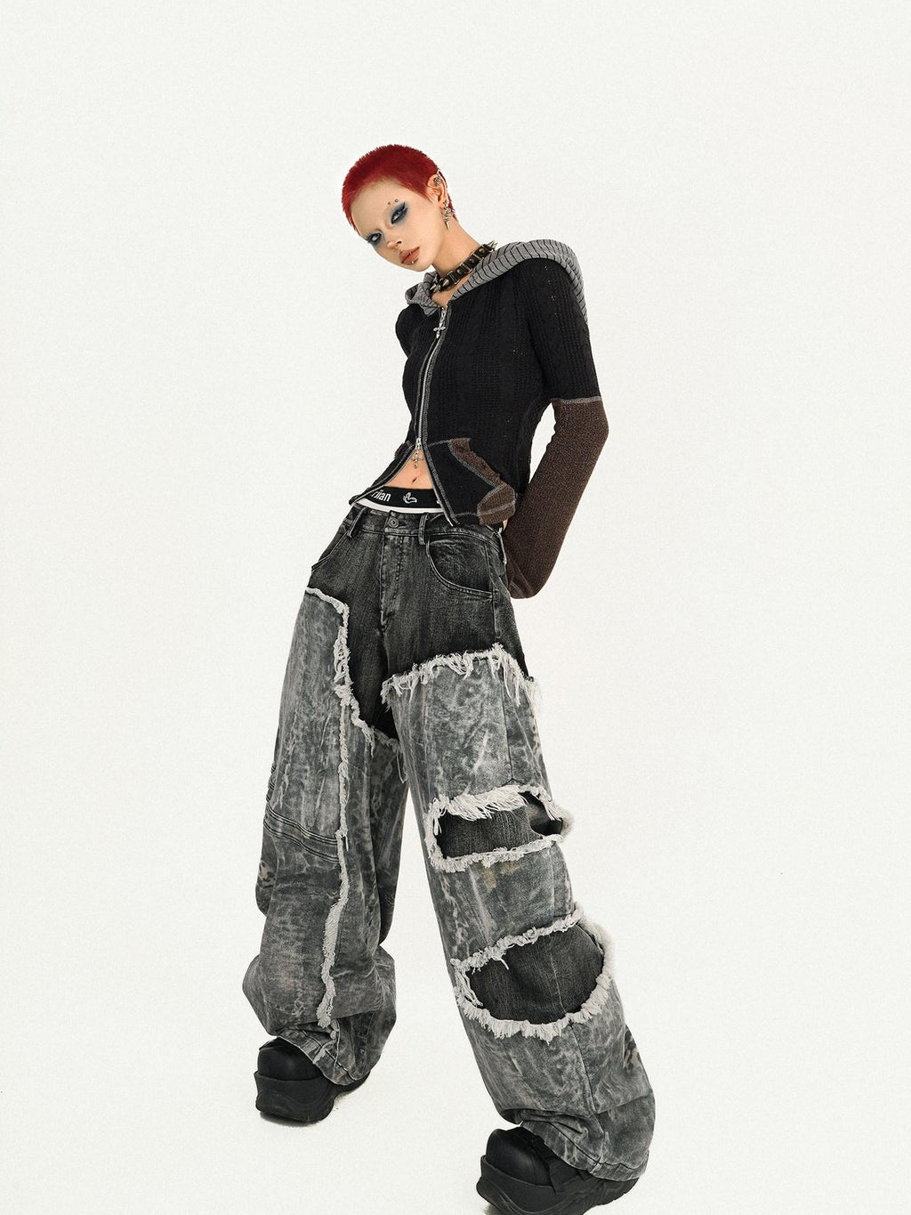 Nico Molly Vintage Black Patchwork Layered Frayed Hem Women's Denim Wide-leg Jeans