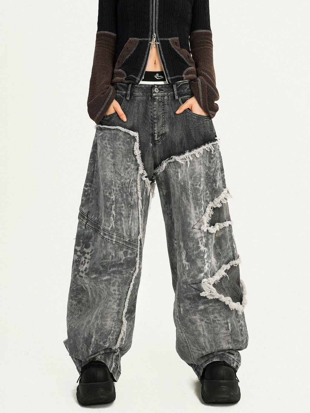 Nico Molly Vintage Black Patchwork Layered Frayed Hem Women's Denim Wide-leg Jeans