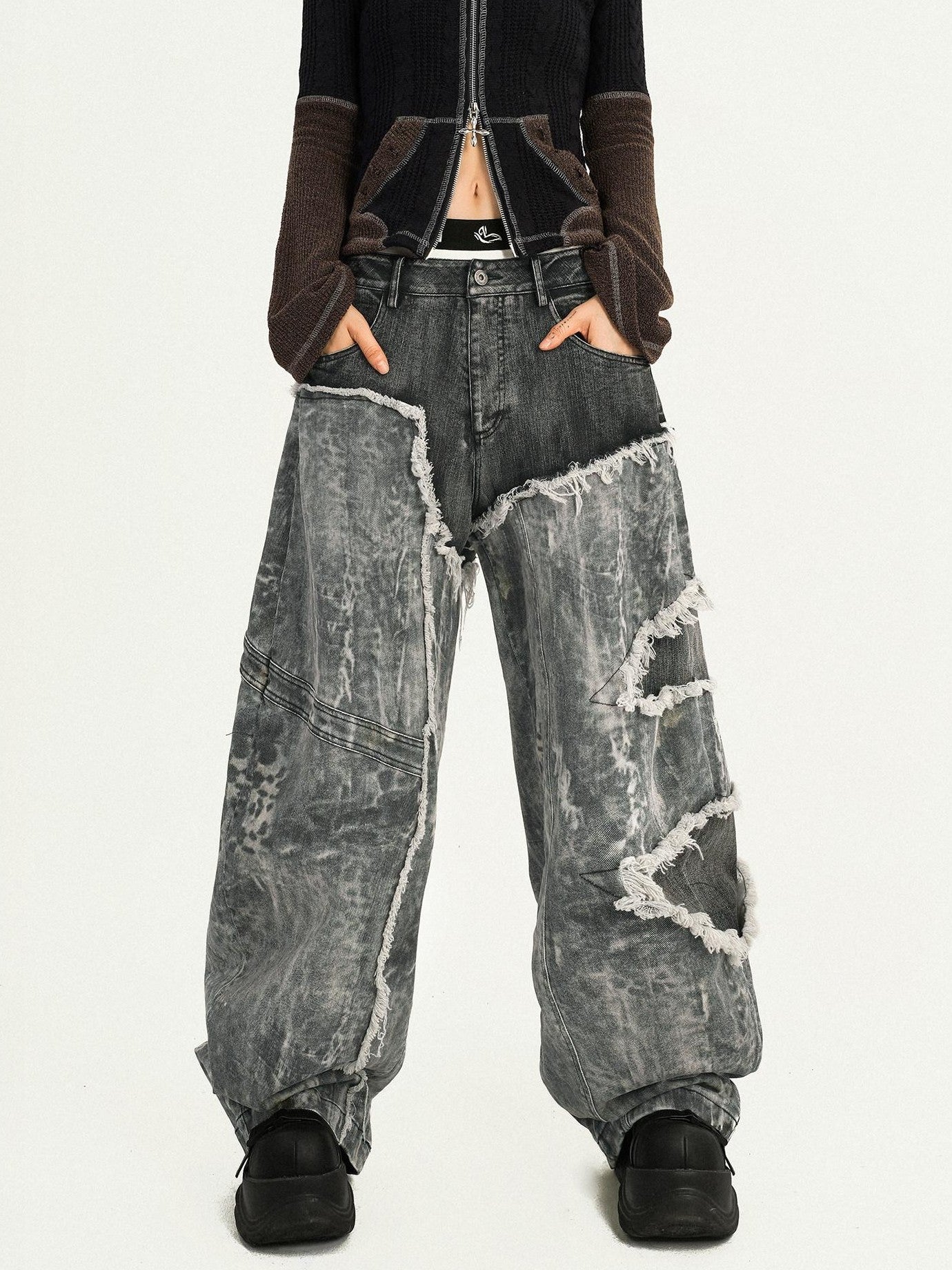 Nico Molly Vintage Black Patchwork Layered Frayed Hem Women's Denim Wide-leg Jeans