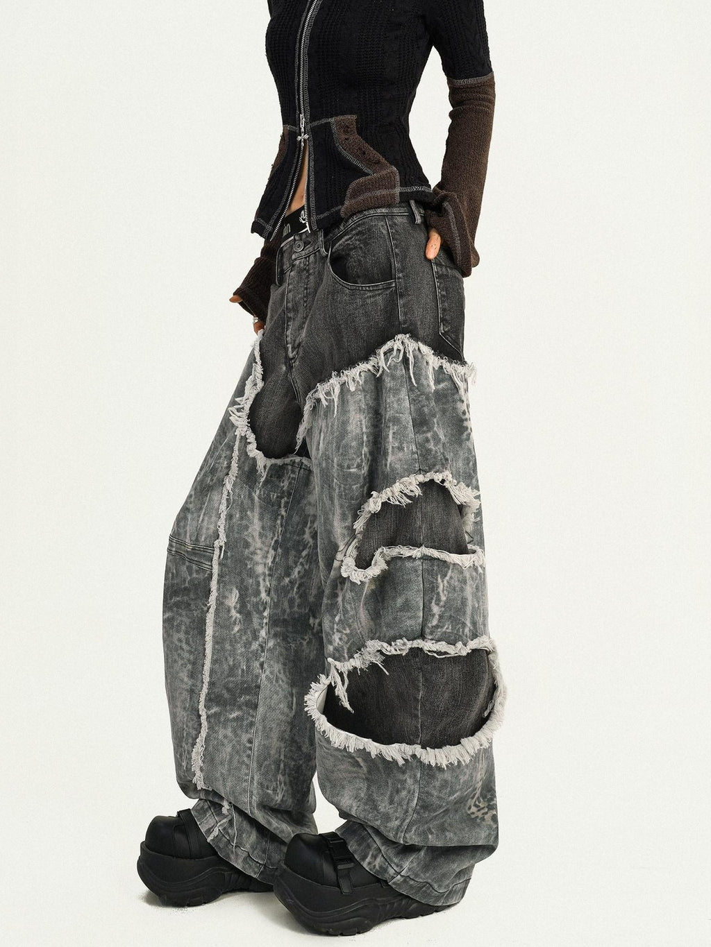 Nico Molly Vintage Black Patchwork Layered Frayed Hem Women's Denim Wide-leg Jeans